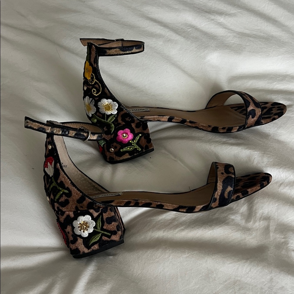 Steve Madden Leopard Print Ankle-Strap Heels with Floral Appliqué